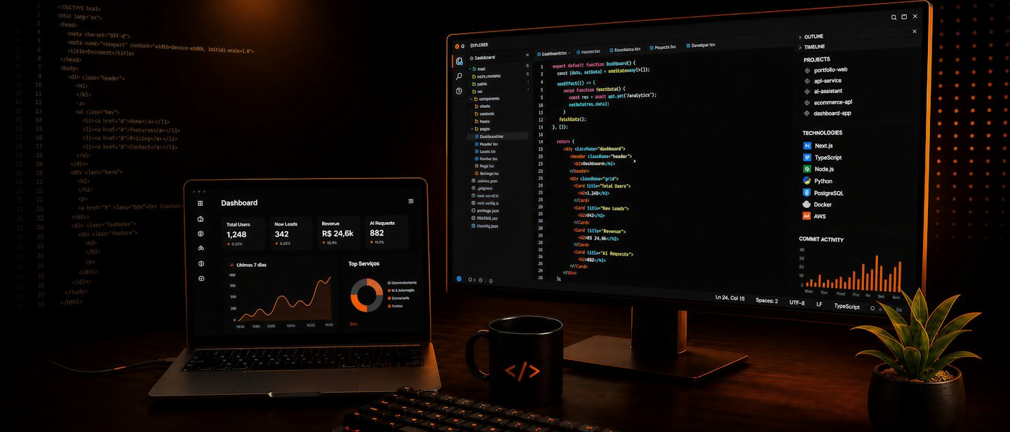 A laptop and monitor displaying software code and business dashboards.
